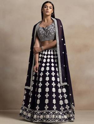 Dark Purple Thread Work Georgette Lehenga Choli 1