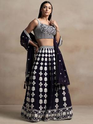 Dark Purple Thread Work Georgette Lehenga Choli 2