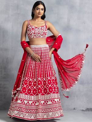 Red Thread Embroidered Georgette Lehenga Choli 1