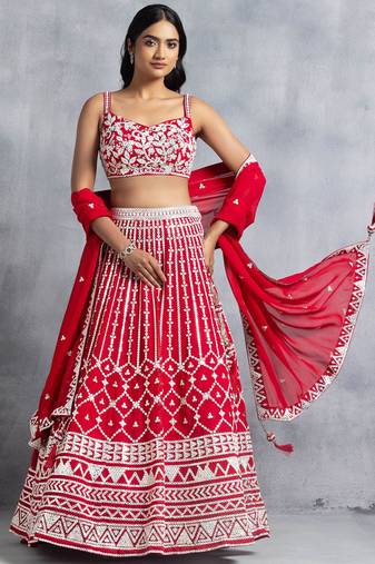Red Thread Embroidered Georgette Lehenga Choli