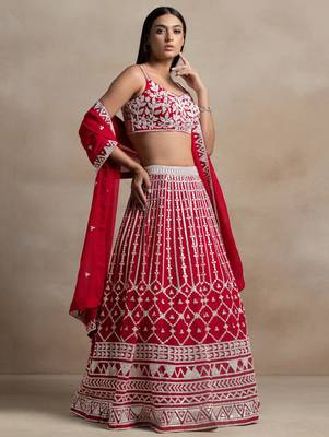 Red Thread Work Georgette Lehenga Choli 2