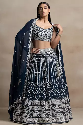 Navy Blue Thread Embroidered Georgette Lehenga Choli