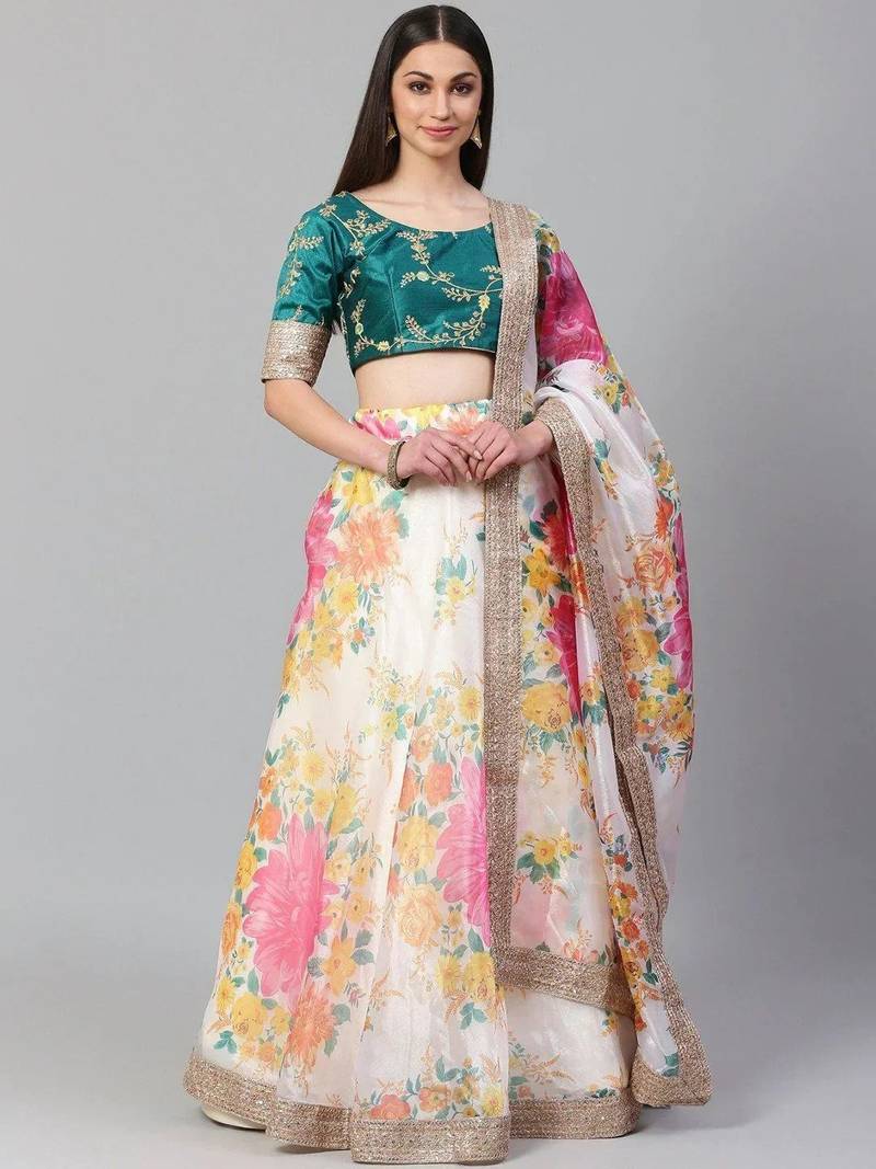 Off-White Semi-Stitched Lehenga & Unstitched Blouse with Dupatta