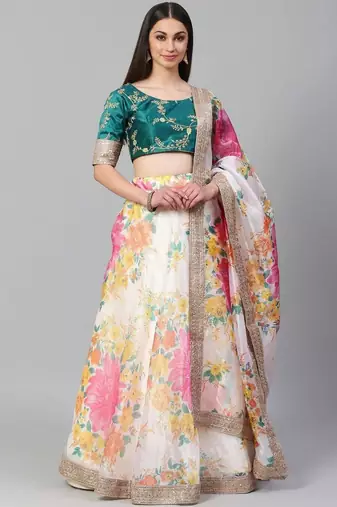Off-White Semi-Stitched Lehenga & Unstitched Blouse with Dupatta