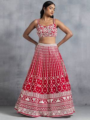 Red Thread Embroidered Georgette Lehenga Choli 4