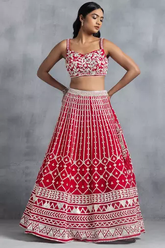 Red Thread Embroidered Georgette Lehenga Choli