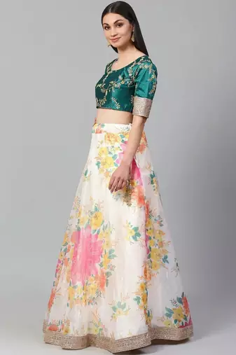 Off-White Semi-Stitched Lehenga & Unstitched Blouse with Dupatta