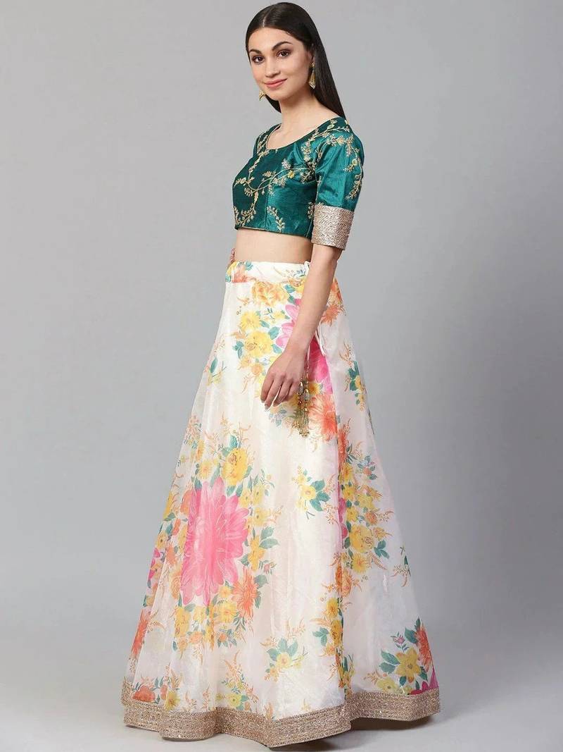 Off-White Semi-Stitched Lehenga & Unstitched Blouse with Dupatta