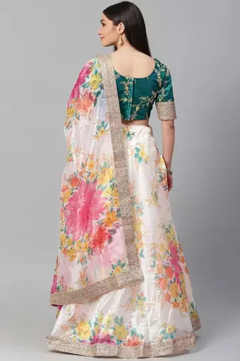 Off-White Semi-Stitched Lehenga & Unstitched Blouse with Dupatta