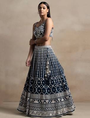 Navy Blue Thread Embroidered Georgette Lehenga Choli 3