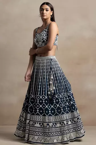 Navy Blue Thread Embroidered Georgette Lehenga Choli