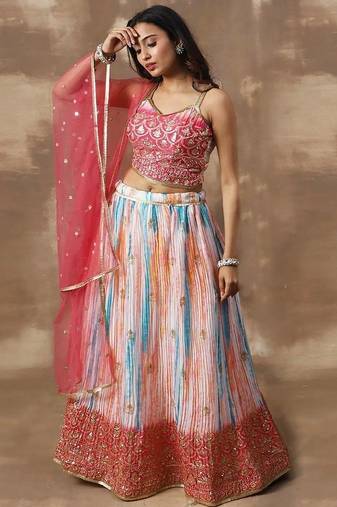 Fascinating White & Pink Zari Work Chinon Event Wear Lehenga Choli