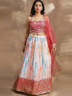Fascinating White & Pink Zari Work Chinon Event Wear Lehenga Choli 2