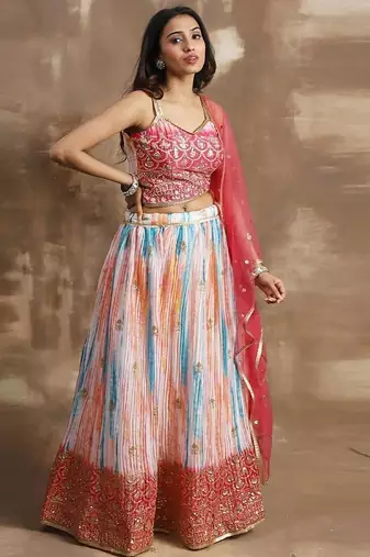 Fascinating White & Pink Zari Work Chinon Event Wear Lehenga Choli
