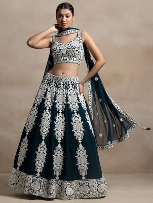 Dark Green Thread Embroidered Georgette Lehenga dress 1