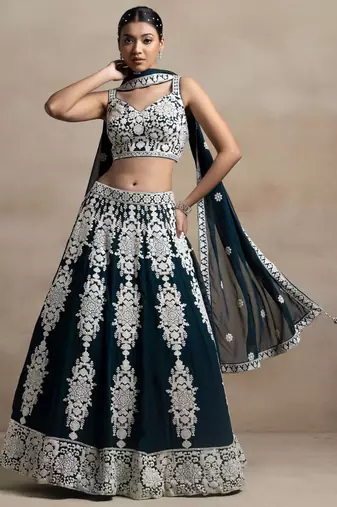 Dark Green Thread Embroidered Georgette Lehenga dress