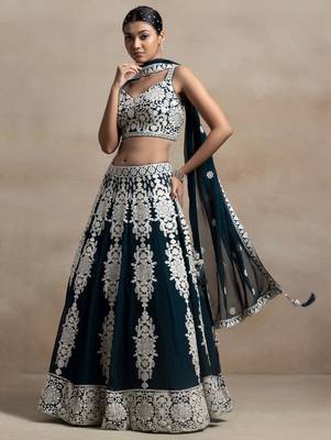 Dark Green Thread Embroidered Georgette Lehenga dress 2