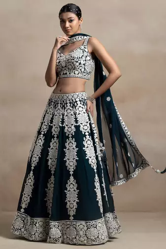 Dark Green Thread Embroidered Georgette Lehenga dress