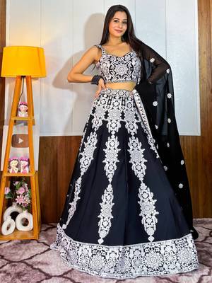 Black Thread Embroidery Georgette Lehenga Choli 1