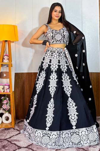 Black Thread Embroidery Georgette Lehenga Choli