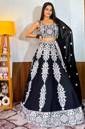 Black Thread Embroidery Georgette Lehenga Choli