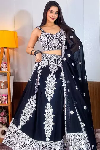 Black Thread Embroidery Georgette Lehenga Choli