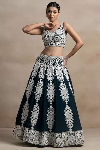 Dark Green Thread Embroidered Georgette Lehenga dress