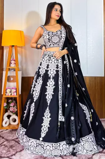 Black Thread Embroidery Georgette Lehenga Choli