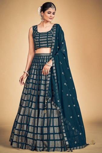 Memorable Teal Blue Embroidered Georgette Wedding Lehenga Choli