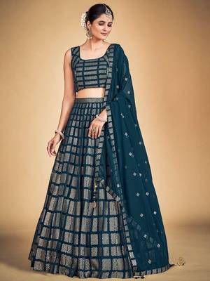 Memorable Teal Blue Embroidered Georgette Wedding Lehenga Choli 1