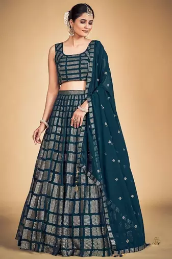 Memorable Teal Blue Embroidered Georgette Wedding Lehenga Choli