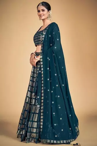 Memorable Teal Blue Embroidered Georgette Wedding Lehenga Choli