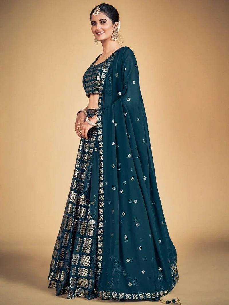 Memorable Teal Blue Embroidered Georgette Wedding Lehenga Choli