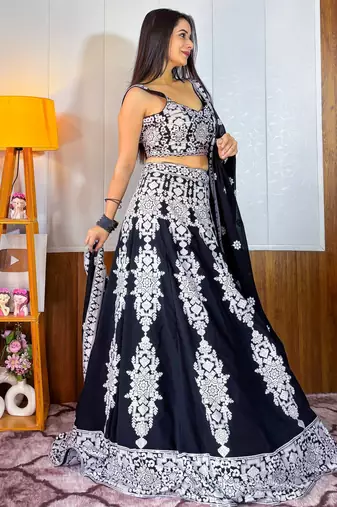 Black Thread Embroidery Georgette Lehenga Choli