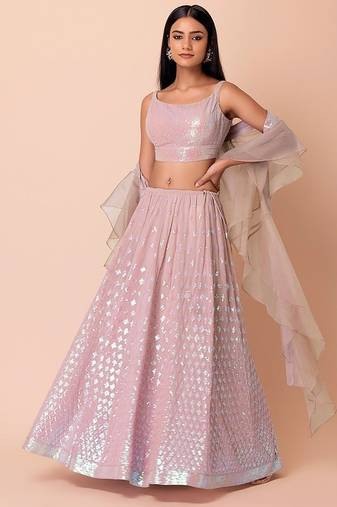 Astonishing Pink Embroidered Georgette Party Wear Lehenga Choli