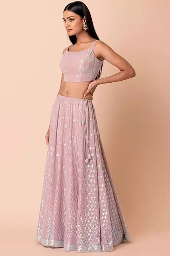Astonishing Pink Embroidered Georgette Party Wear Lehenga Choli