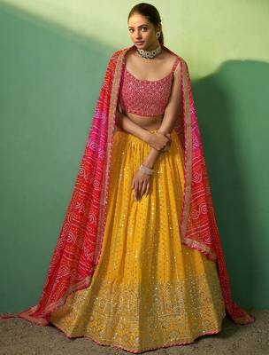 Alluring Yellow Sequins Georgette Haldi Wear Lehenga Choli With Dupatta 1