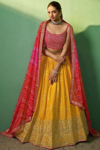 Alluring Yellow Sequins Georgette Haldi Wear Lehenga Choli With Dupatta