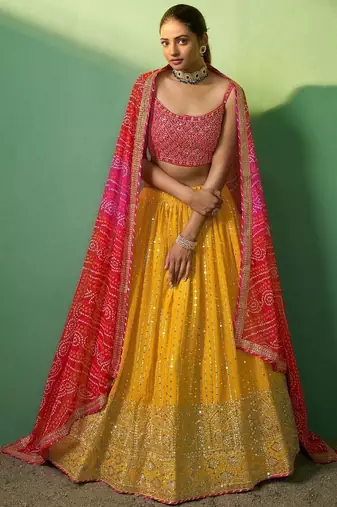 Alluring Yellow Sequins Georgette Haldi Wear Lehenga Choli With Dupatta