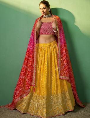 Alluring Yellow Sequins Georgette Haldi Wear Lehenga Choli With Dupatta 2