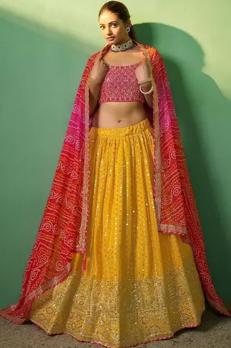 Alluring Yellow Sequins Georgette Haldi Wear Lehenga Choli With Dupatta
