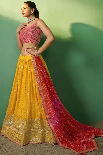 Alluring Yellow Sequins Georgette Haldi Wear Lehenga Choli With Dupatta
