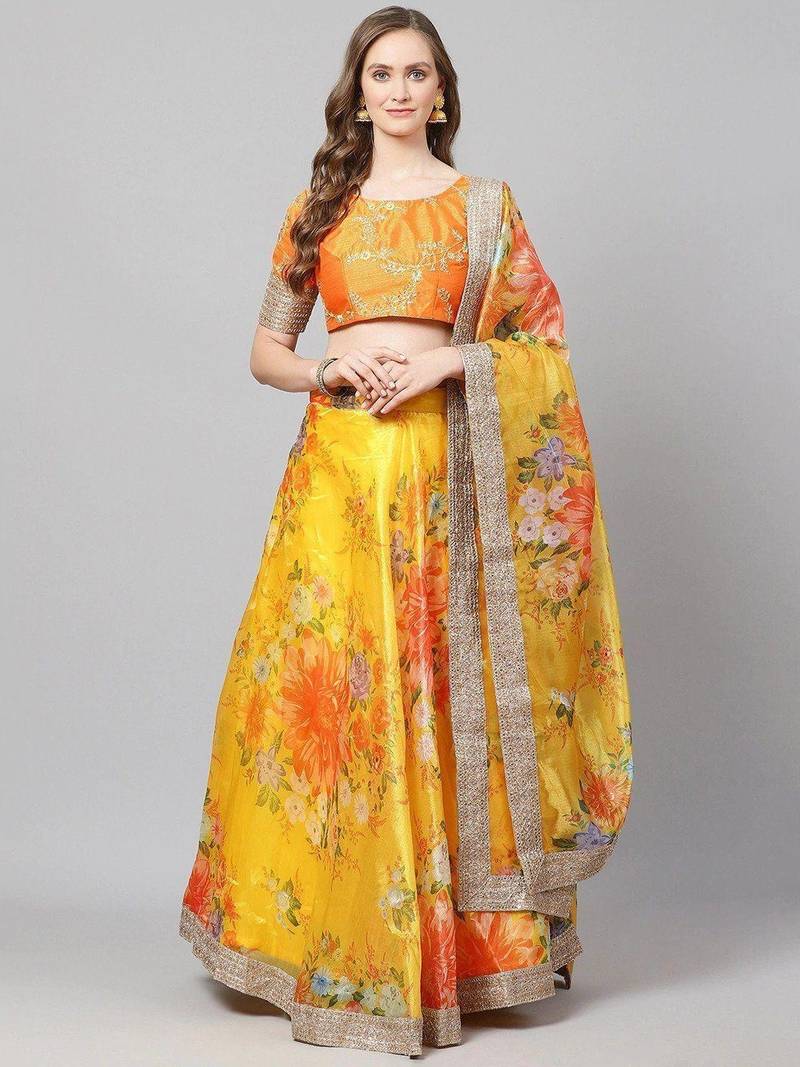 Yellow & Orange Printed Semi-Stitched Lehenga & Unstitched Blouse with Dupatta