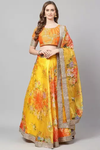 Yellow & Orange Printed Semi-Stitched Lehenga & Unstitched Blouse with Dupatta