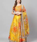 Yellow & Orange Printed Semi-Stitched Lehenga & Unstitched Blouse with Dupatta