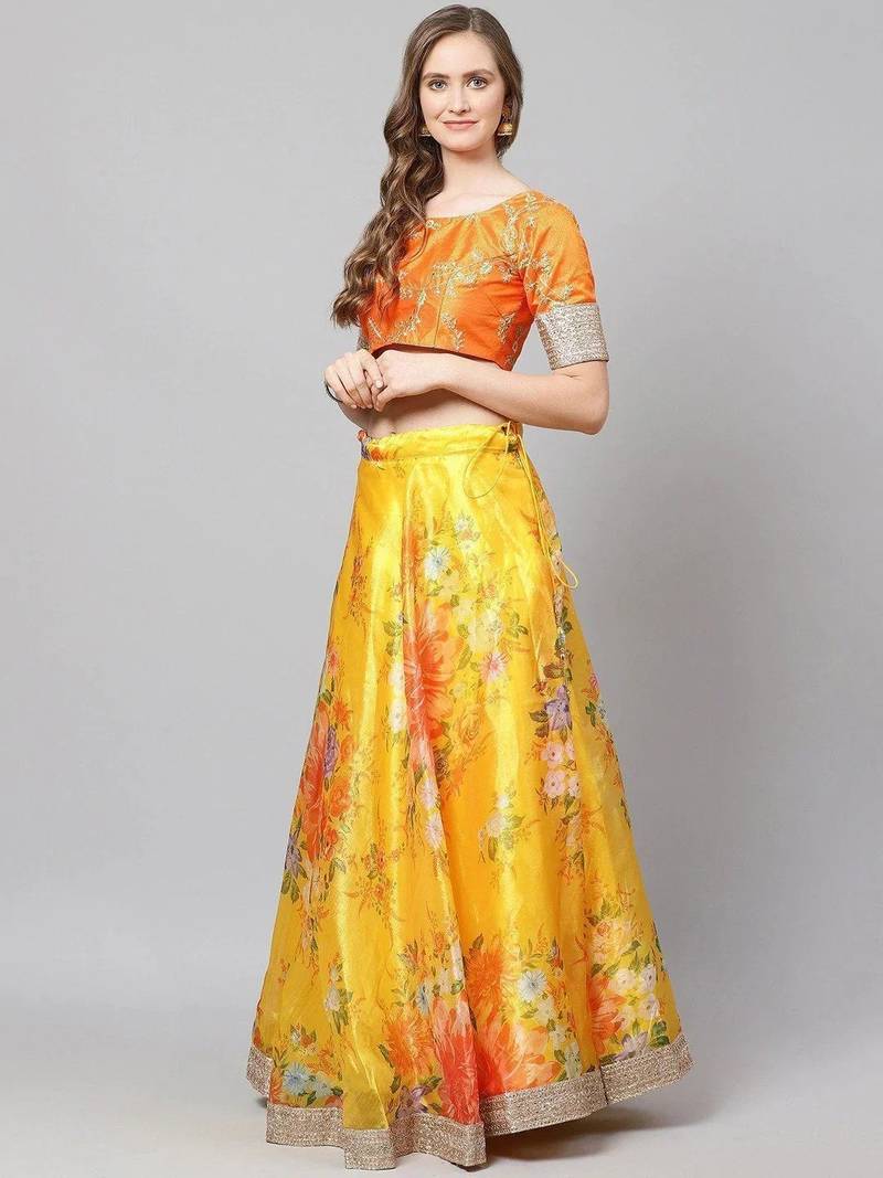 Yellow & Orange Printed Semi-Stitched Lehenga & Unstitched Blouse with Dupatta
