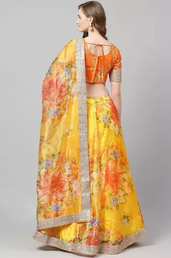 Yellow & Orange Printed Semi-Stitched Lehenga & Unstitched Blouse with Dupatta