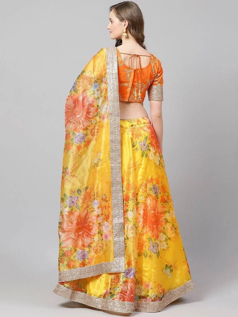 Yellow & Orange Printed Semi-Stitched Lehenga & Unstitched Blouse with Dupatta