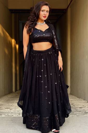 Wonderful Black Sequins Georgette Reception Wear Lehenga Choli