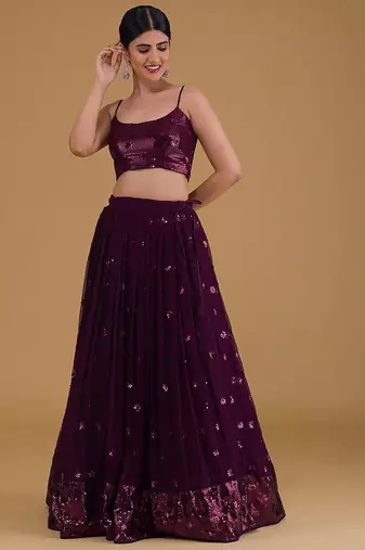 Awesome Purple Sequins Georgette Sangeet Wear Lehenga Choli